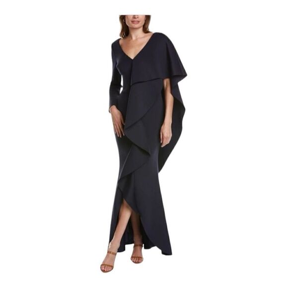 Badgley Mischka Navy Blue Asymmetric Ruffle Gown Size 2 - Picture 1 of 10